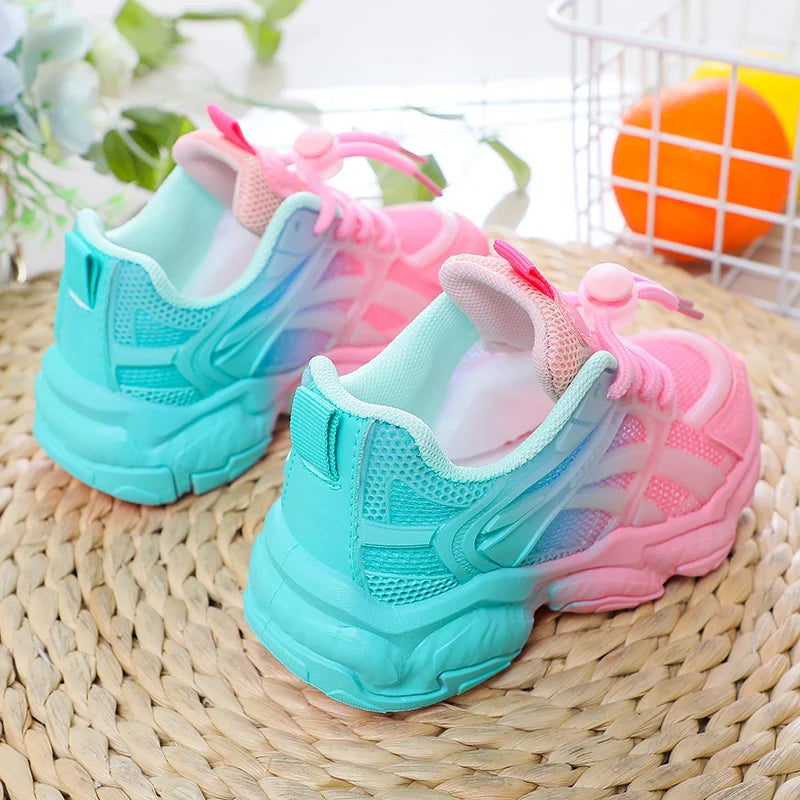 Niedliche Mesh-Sneaker mit Farbverlauf für Mädchen, Leuchtende Plattform-Sportschuhe