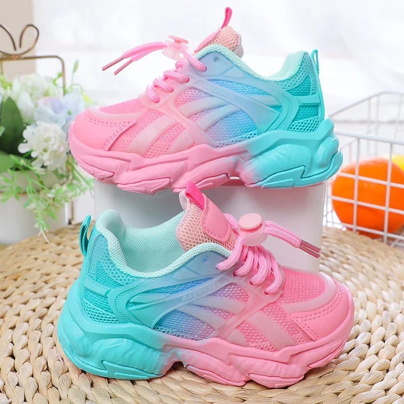 Niedliche Mesh-Sneaker mit Farbverlauf für Mädchen, Leuchtende Plattform-Sportschuhe