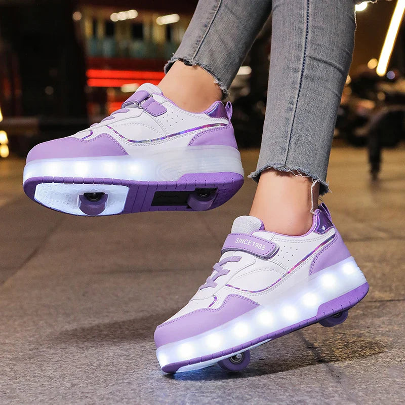 Rosa LED Rollschuhe für Mädchen und Jungen, Leichte Turnschuhe mit zwei Rädern