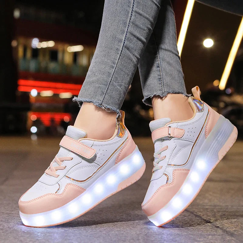Rosa LED Rollschuhe für Mädchen und Jungen, Leichte Turnschuhe mit zwei Rädern