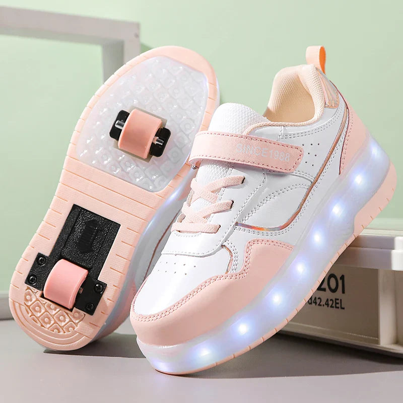 Rosa LED Rollschuhe für Mädchen und Jungen, Leichte Turnschuhe mit zwei Rädern