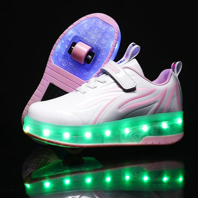 Kinder LED Rollschuhe mit zwei Rädern, Leuchtende Turnschuhe für Jungen und Mädchen, USB-Aufladung