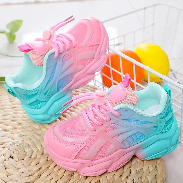 Niedliche Mesh-Sneaker mit Farbverlauf für Mädchen, Leuchtende Plattform-Sportschuhe