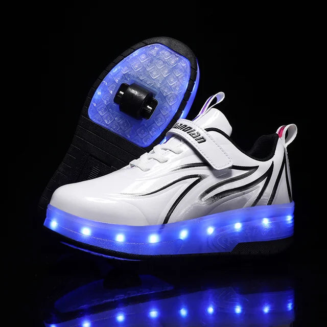 Kinder LED Rollschuhe mit zwei Rädern, Leuchtende Turnschuhe für Jungen und Mädchen, USB-Aufladung