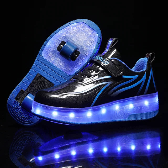 Kinder LED Rollschuhe mit zwei Rädern, Leuchtende Turnschuhe für Jungen und Mädchen, USB-Aufladung