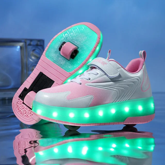 Kinder LED Rollschuhe mit zwei Rädern, Leuchtende Turnschuhe für Jungen und Mädchen, USB-Aufladung