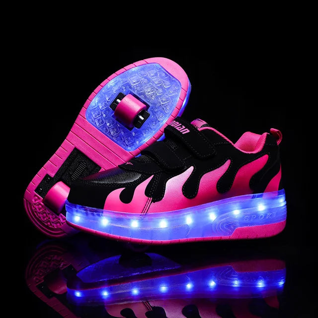 Kinder LED Rollschuhe mit zwei Rädern, Leuchtende Turnschuhe für Jungen und Mädchen, USB-Aufladung
