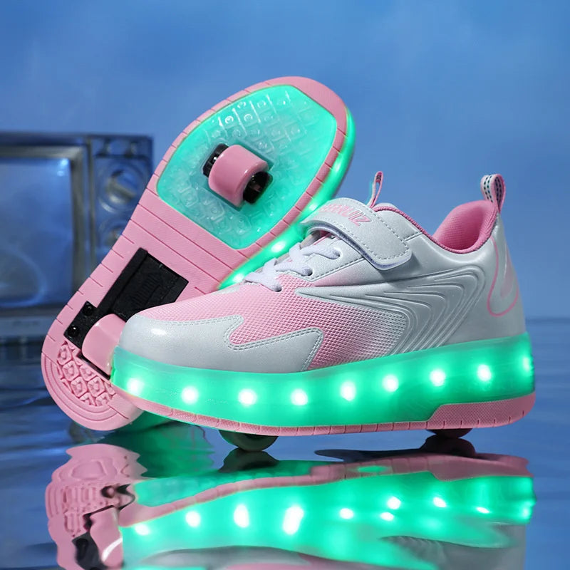 Kinder LED Rollschuhe mit zwei Rädern, Leuchtende Turnschuhe für Jungen und Mädchen, USB-Aufladung
