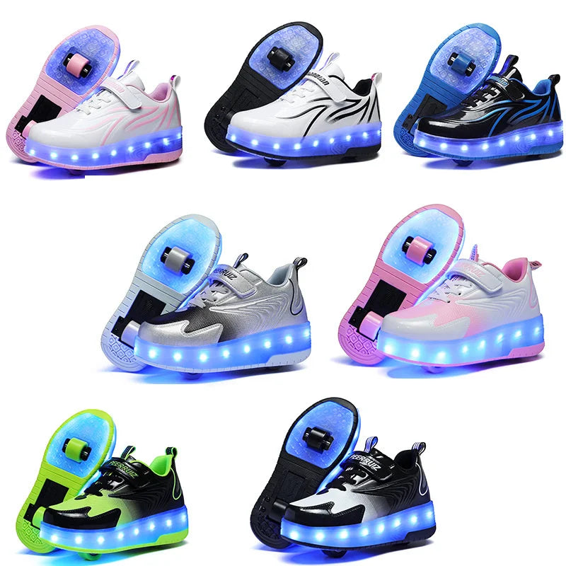 Kinder LED Rollschuhe mit zwei Rädern, Leuchtende Turnschuhe für Jungen und Mädchen, USB-Aufladung